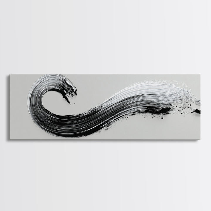 Black Ink Wave Canvas Print, Minimalist Wall Art, Japanese Sumi Painting, Abstract Line Art, Neutral Decor, Zen Office Poster