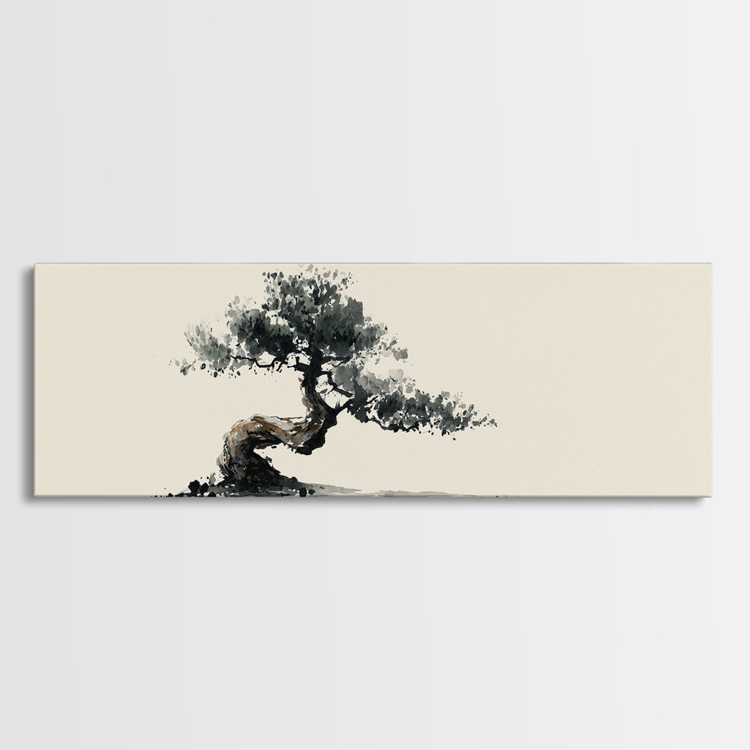 Minimalist Bonsai Tree Wall Art, Japanese Ink Painting Print, Zen Home Decor, Japandi Office Art, Calming Nature Canvas Print