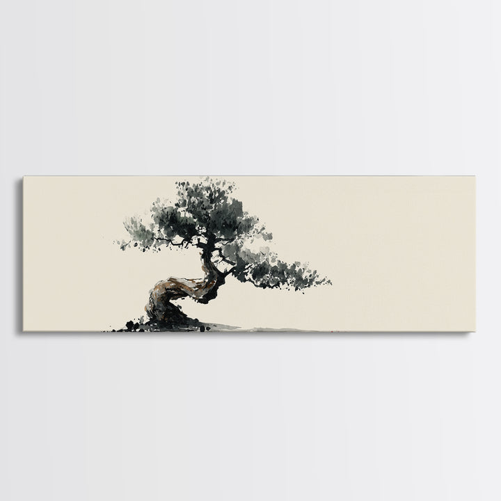Minimalist Bonsai Tree Wall Art, Japanese Ink Painting Print, Zen Home Decor, Japandi Office Art, Calming Nature Canvas Print