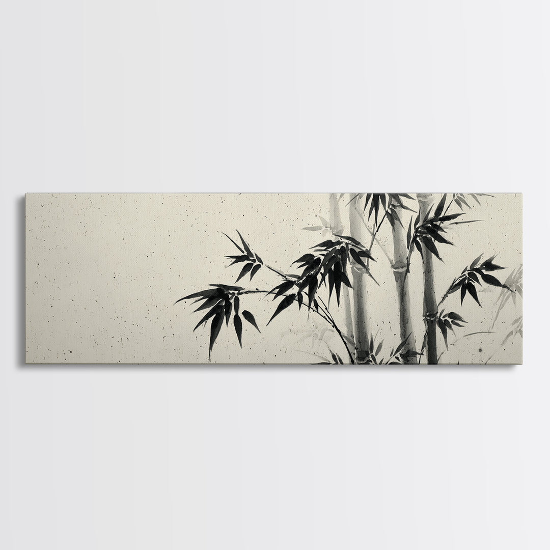 Minimalist Black Ink Bamboo Wall Art, Japanese Sumi Brush Canvas Print, Zen Botanical Decor For Calm Living Room Wall Decor