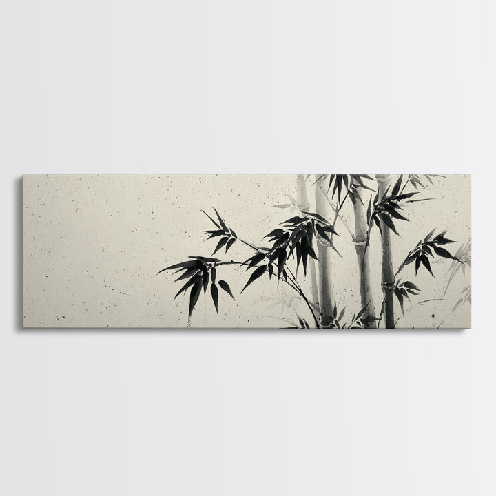 Minimalist Black Ink Bamboo Wall Art, Japanese Sumi Brush Canvas Print, Zen Botanical Decor For Calm Living Room Wall Decor