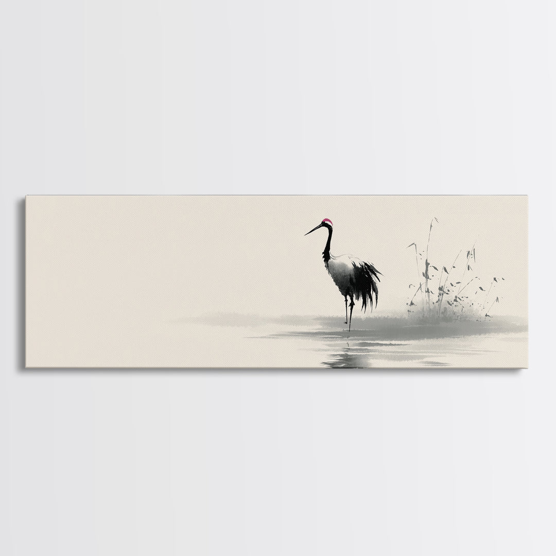 Minimalist Crane By Water Framed Canvas Print, Japanese Wall Art, Zen Bird Illustration, Neutral Living Room Decor, Fine Art Print