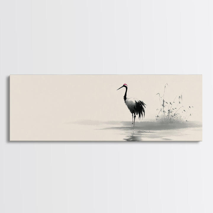 Minimalist Crane By Water Framed Canvas Print, Japanese Wall Art, Zen Bird Illustration, Neutral Living Room Decor, Fine Art Print