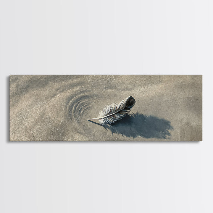Feather On Sand Wall Art, Minimalist Coastal Nature Print, Neutral Beach Decor, Calming Wabi Sabi Wall Decor, Framed Canvas Print