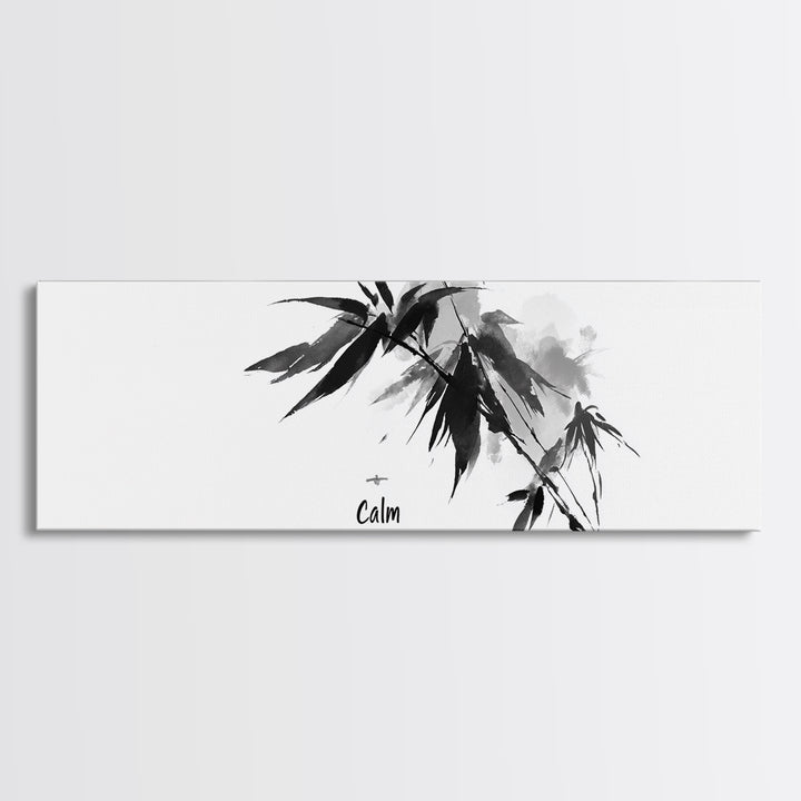 Black Ink Bamboo Calm Wall Art, Minimalist Japanese Zen Brush Painting, Black And White Decor, Peaceful Meditation Canvas Print