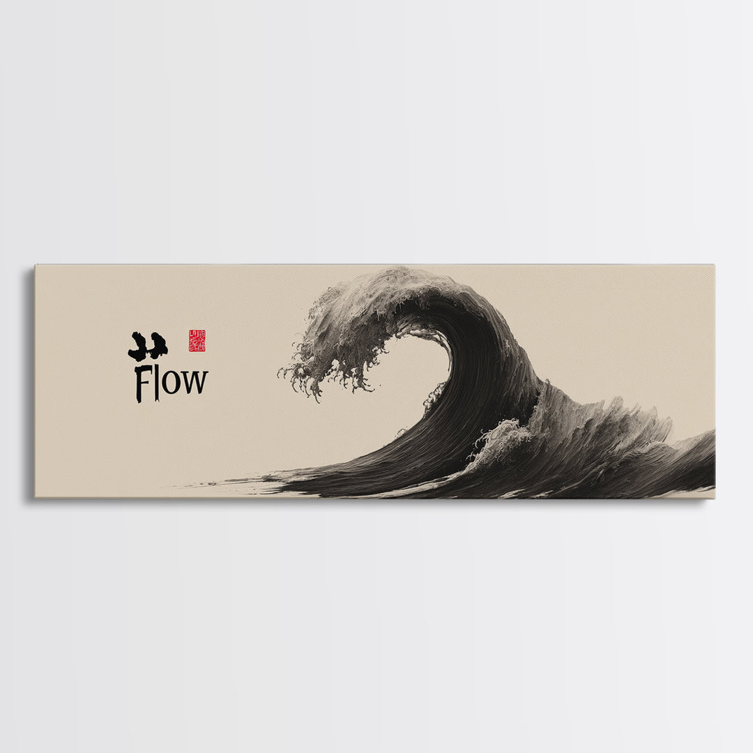 Japanese Ink Wave Flow Wall Art, Black And White Zen Ocean Canvas Print, Minimalist Japandi Decor For Meditation Room Home Decor