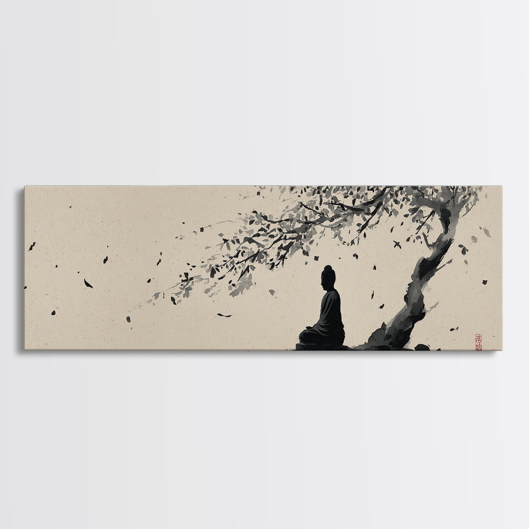 Zen Figure Under Windblown Tree Wall Art, Japanese Ink Landscape, Minimalist Zen Decor, Calming Meditation Room Art Print