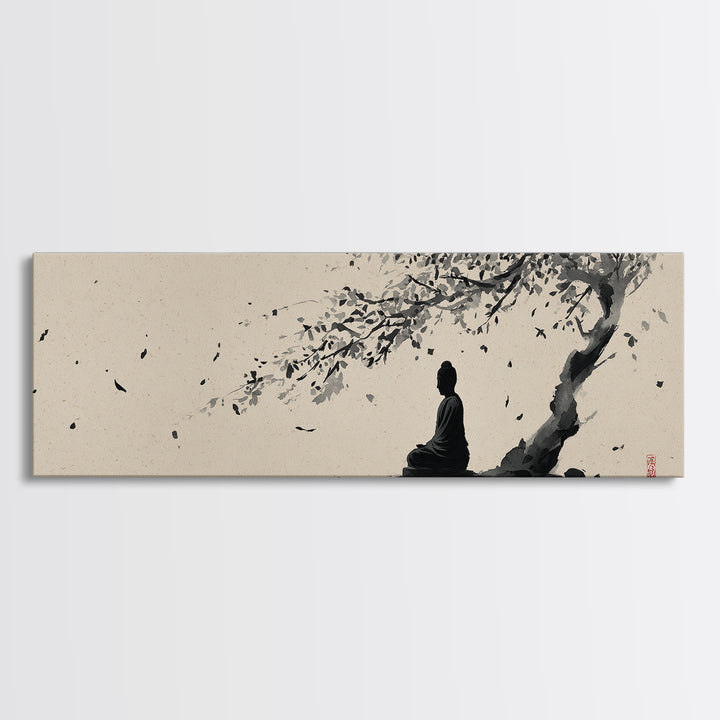 Zen Figure Under Windblown Tree Wall Art, Japanese Ink Landscape, Minimalist Zen Decor, Calming Meditation Room Art Print
