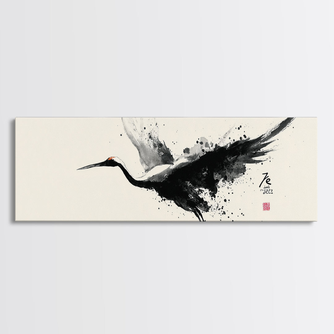 Black Ink Crane Wall Art, Japanese Brush Canvas Print, Minimalist Bird Art, Black And White Art, Zen Wall Decor, Asian Inspired Art