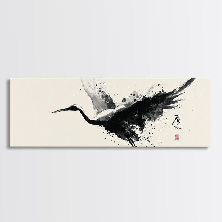 Black Ink Crane Wall Art, Japanese Brush Canvas Print, Minimalist Bird Art, Black And White Art, Zen Wall Decor, Asian Inspired Art