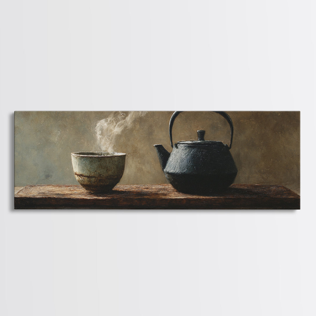 Wabi Sabi Tea Bowl And Cast Iron Teapot Wall Art, Zen Kitchen Still Life, Japanese Minimalist Decor, Framed Canvas Print