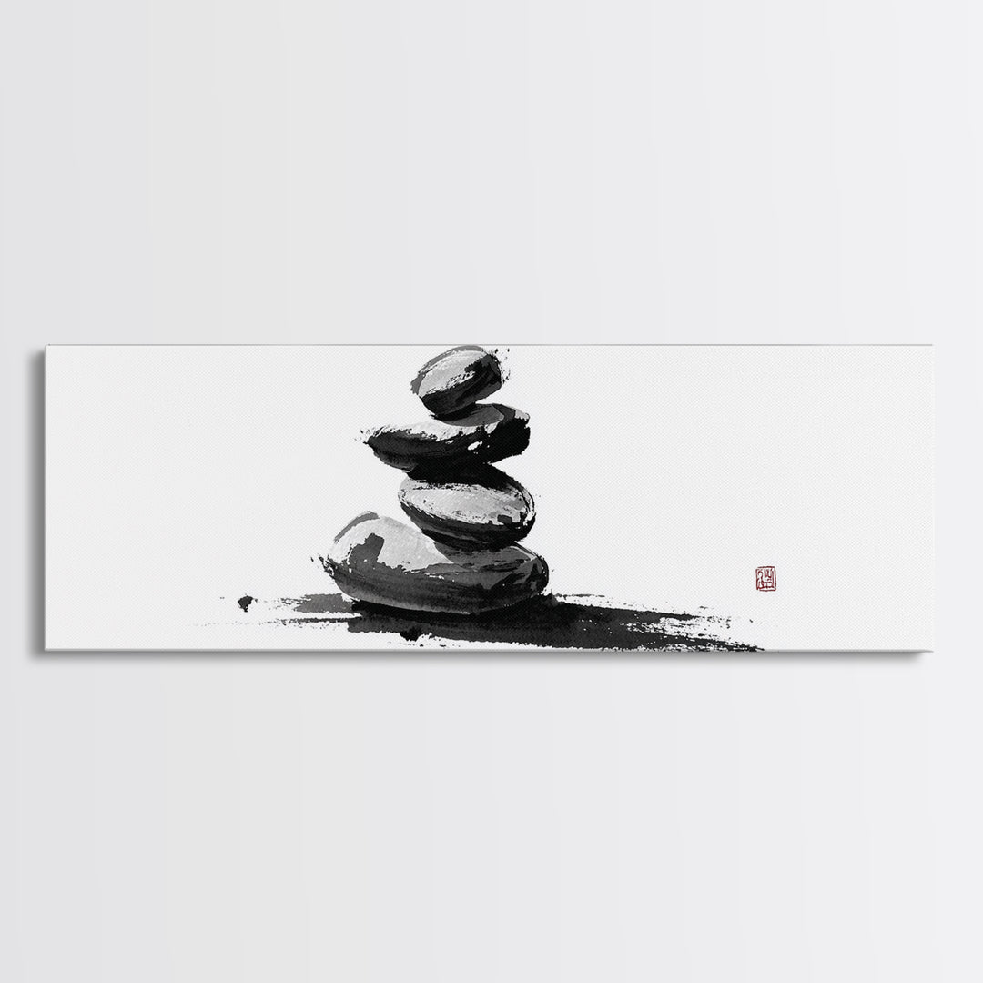 Stacked Zen Stones Canvas Print, Minimalist Wall Art, Sumi Ink Painting, Spa Decor, Meditation Room, Neutral Home Decor Art