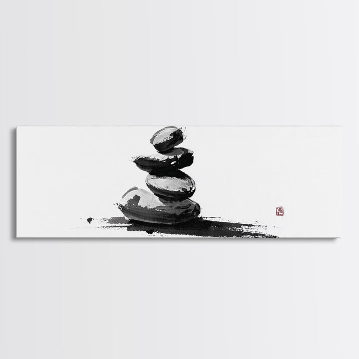 Stacked Zen Stones Canvas Print, Minimalist Wall Art, Sumi Ink Painting, Spa Decor, Meditation Room, Neutral Home Decor Art