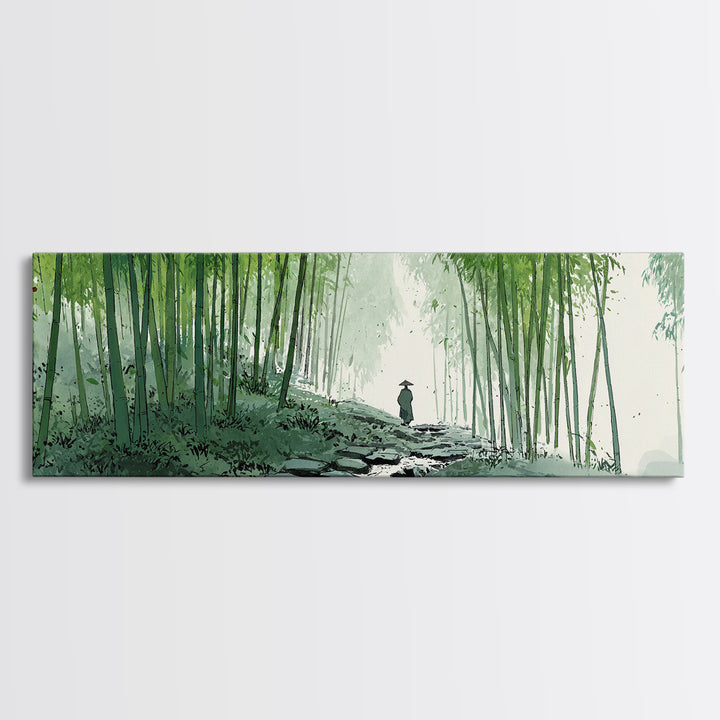 Bamboo Forest Path Canvas Print, Japanese Zen Landscape Wall Art, Green Nature Painting, Japandi Meditation Room Decor Print