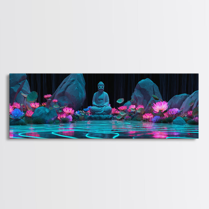 Neon Buddha Lotus Pond Wall Art, Zen Meditation Canvas, Spiritual Decor, Japandi Wall Decor, Yoga Room, Calming Art Print