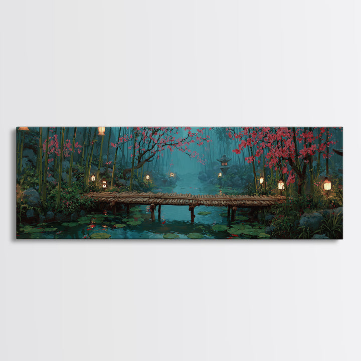 Cherry Blossom Bamboo Pond Wall Art, Japanese Lantern Bridge Canvas, Serene Zen Landscape, Japandi Living Room Decor, Calming Home Decor