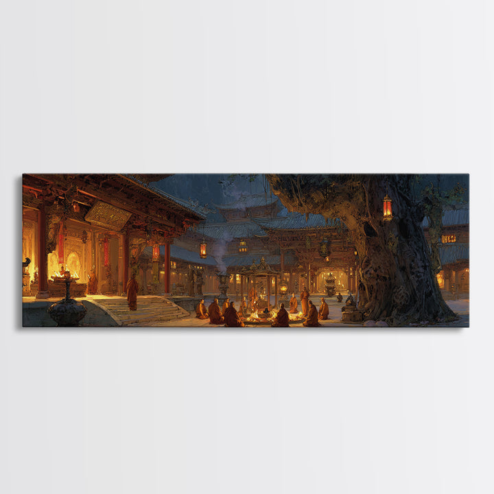 Snowy Temple Courtyard Wall Art, Lantern Lit Monastery Framed Canvas Print, Asian Inspired Decor, Meditation Room Art, Zen Decor