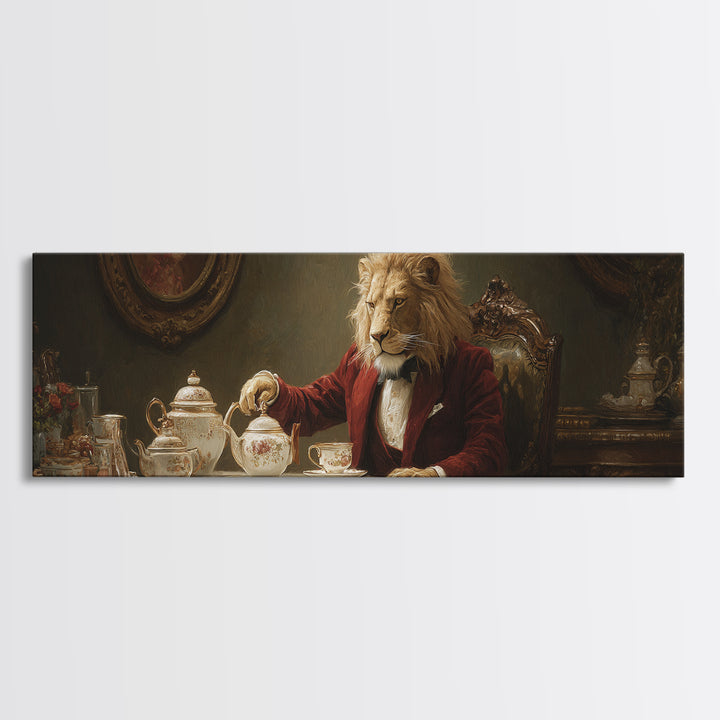 Dapper Lion Pouring Tea Framed Canvas Print, Whimsical Animal Wall Art, Victorian Decor, Dining Room Decor, Funny Gift For Cat Lovers