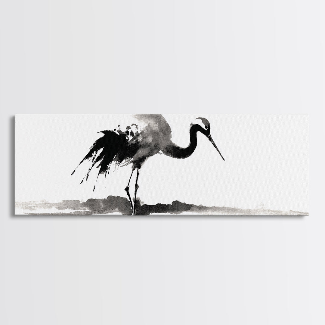 Black Ink Crane Wall Art, Minimalist Bird Painting Canvas Print, Japanese Wall Decor, Zen Home Decor, Black And White Art