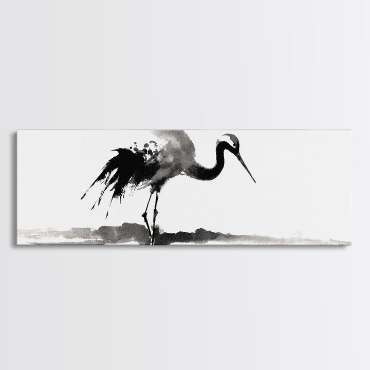 Black Ink Crane Wall Art, Minimalist Bird Painting Canvas Print, Japanese Wall Decor, Zen Home Decor, Black And White Art