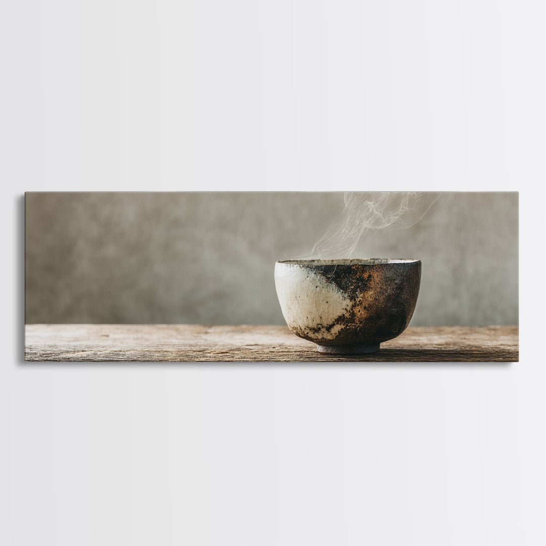 Steaming Wabi Sabi Ceramic Bowl Wall Art, Neutral Kitchen Canvas Print, Japandi Dining Room Decor, Minimalist Zen Fine Art Print