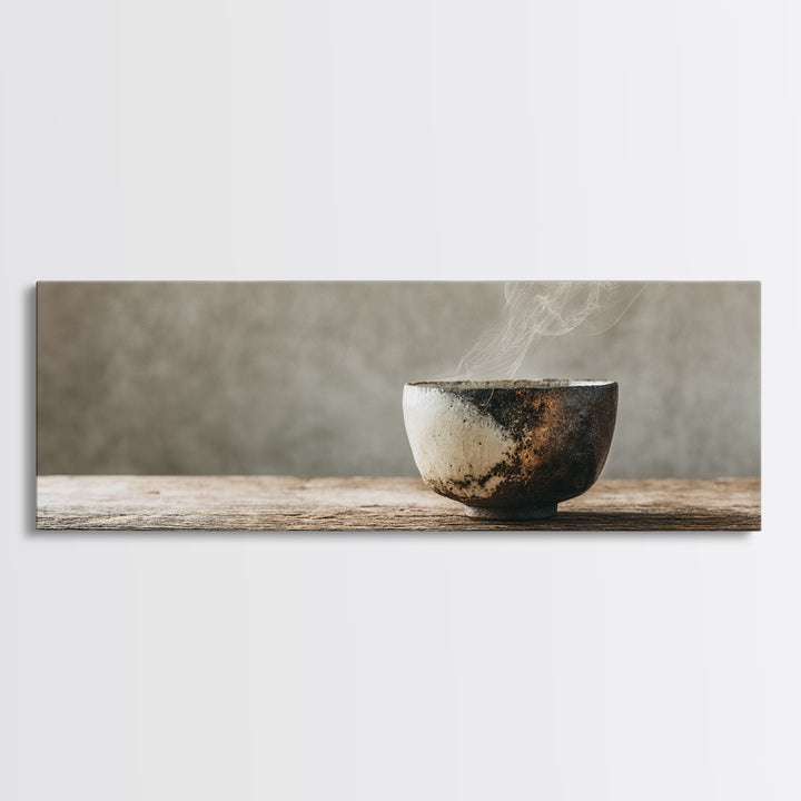 Steaming Wabi Sabi Ceramic Bowl Wall Art, Neutral Kitchen Canvas Print, Japandi Dining Room Decor, Minimalist Zen Fine Art Print