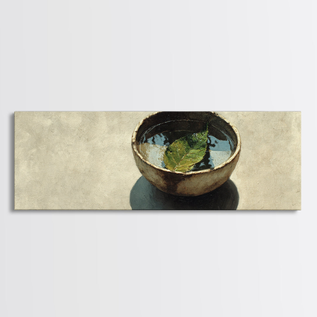 Rustic Bowl With Floating Leaf Canvas Print, Wabi Sabi Wall Art, Minimalist Still Life, Japandi Zen Home Decor, Neutral Kitchen Art Print