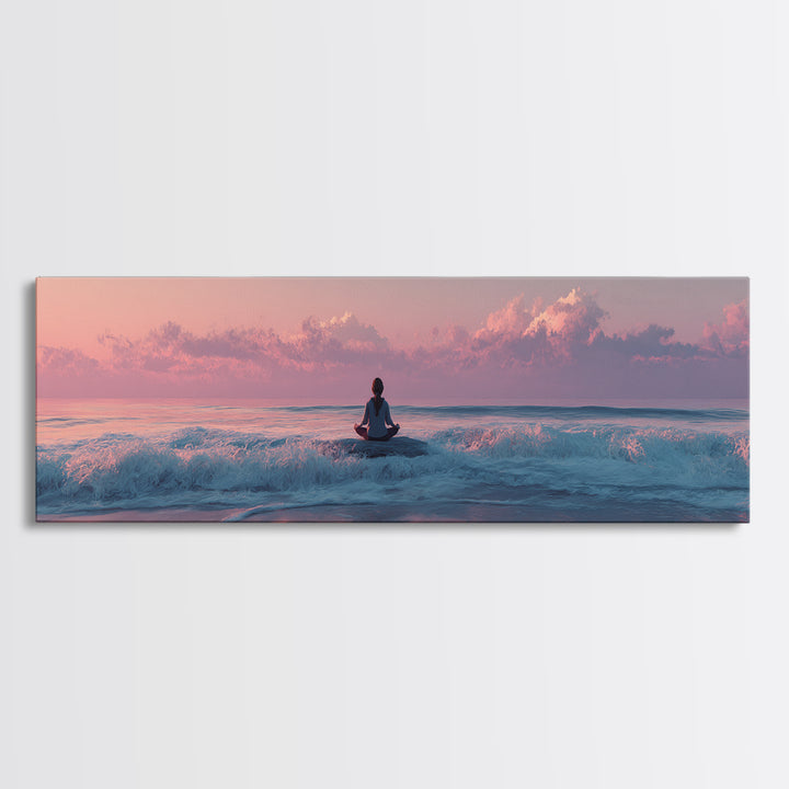 Peaceful Ocean Meditation Canvas Print, Pink Sunset Beach Wall Art, Coastal Yoga Decor, Seascape Art, Calming Bedroom Decor