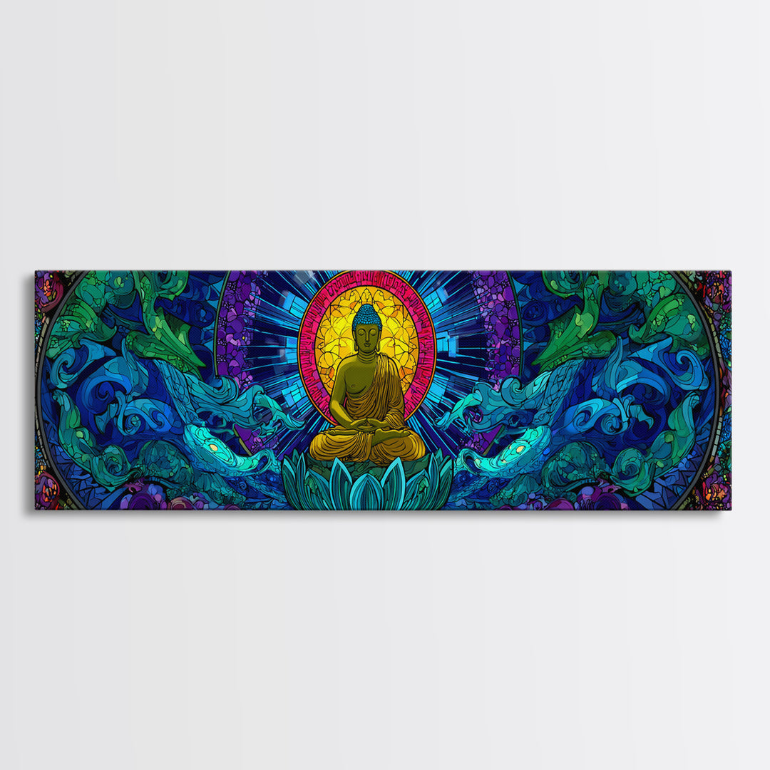 Stained Glass Buddha Ocean Wave Wall Art, Lotus Meditation Canvas Print, Colorful Zen Spiritual Yoga Room Home Decor Gift