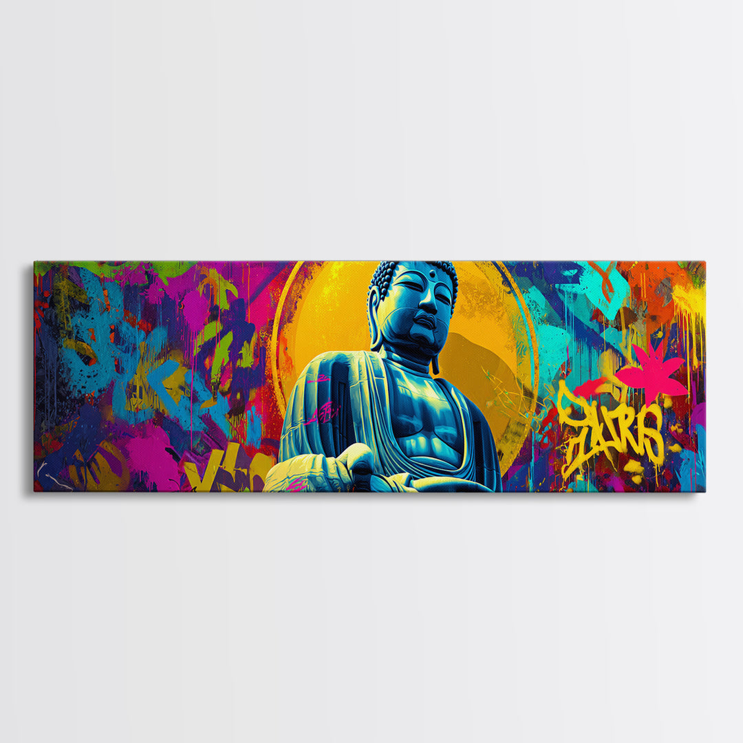 Colorful Graffiti Buddha Wall Art, Pop Art Meditation Decor, Vibrant Urban Street Art, Spiritual Yoga Room Framed Canvas Print