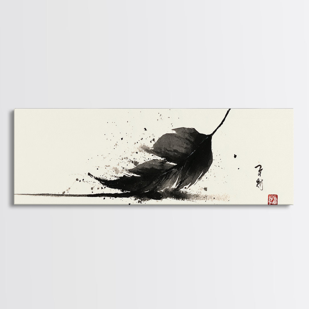 Black Ink Feather Japanese Sumi Wall Art, Minimalist Black And White Art Print, Zen Nature Decor For Office Or Bedroom Wall Decor