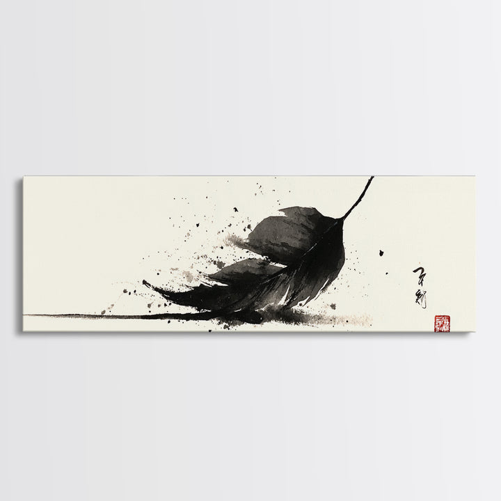 Black Ink Feather Japanese Sumi Wall Art, Minimalist Black And White Art Print, Zen Nature Decor For Office Or Bedroom Wall Decor