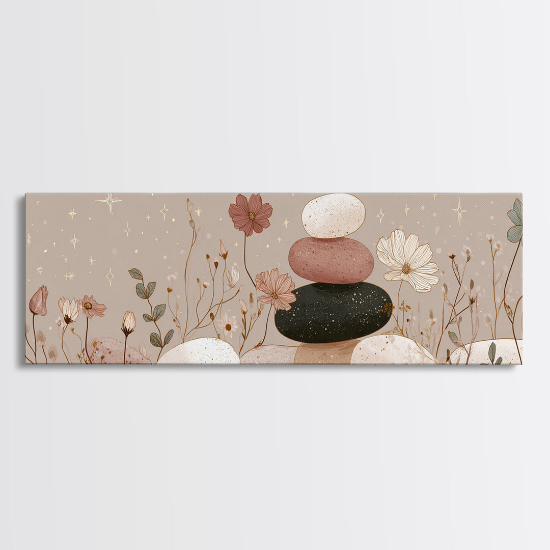 Stacked Zen Stones And Wildflowers Wall Art, Neutral Spa Canvas Print, Mindfulness Decor, Calming Boho Bathroom Art Gift