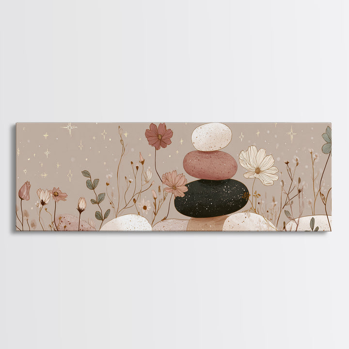 Stacked Zen Stones And Wildflowers Wall Art, Neutral Spa Canvas Print, Mindfulness Decor, Calming Boho Bathroom Art Gift