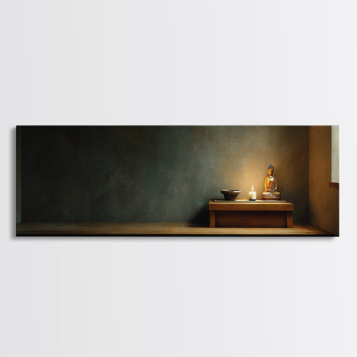 Quiet Buddha Altar With Candle Framed Canvas Print, Calming Meditation Room Wall Art, Zen Home Decor, Spiritual Gift For Her