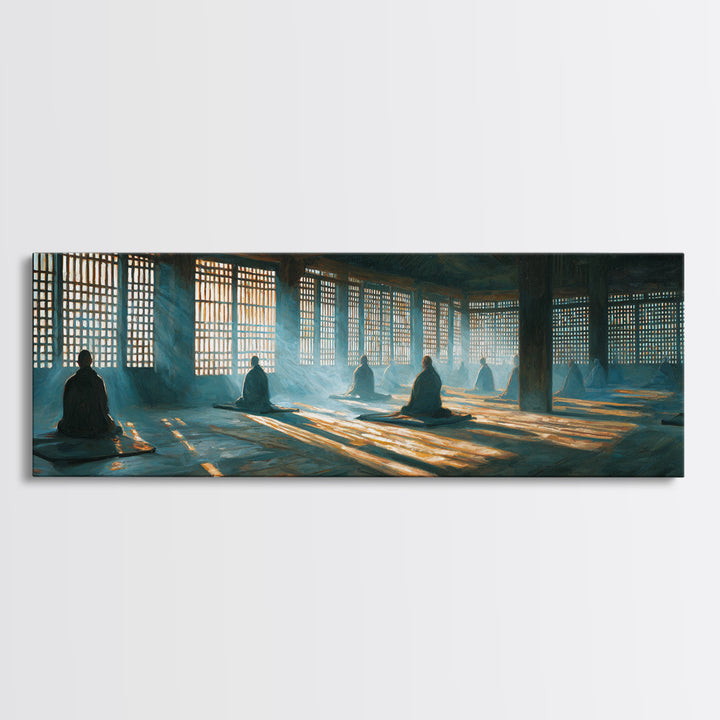 Meditation Hall With Monks And Sunbeams Wall Art, Zen Framed Canvas Print, Spiritual Decor, Yoga Studio, Prayer Room Art