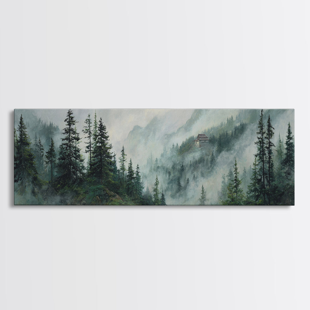 Misty Pine Mountain Temple Wall Art, Foggy Evergreen Forest Landscape, Japandi Nature Decor, Long Horizontal Canvas Print