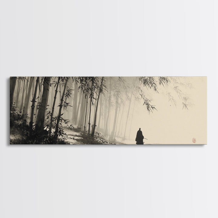Misty Bamboo Forest Monk In Ink Wash Framed Canvas Print, Japanese Wall Art, Zen Meditation Decor, Japandi Home Decor, Calming Wall Decor