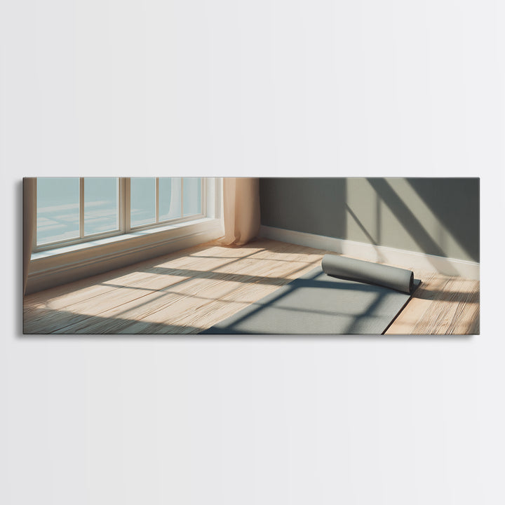 Sunlit Yoga Mat By Window Canvas Print, Calm Minimalist Fitness Studio Wall Art, Modern Wellness Room And Home Gym Decor