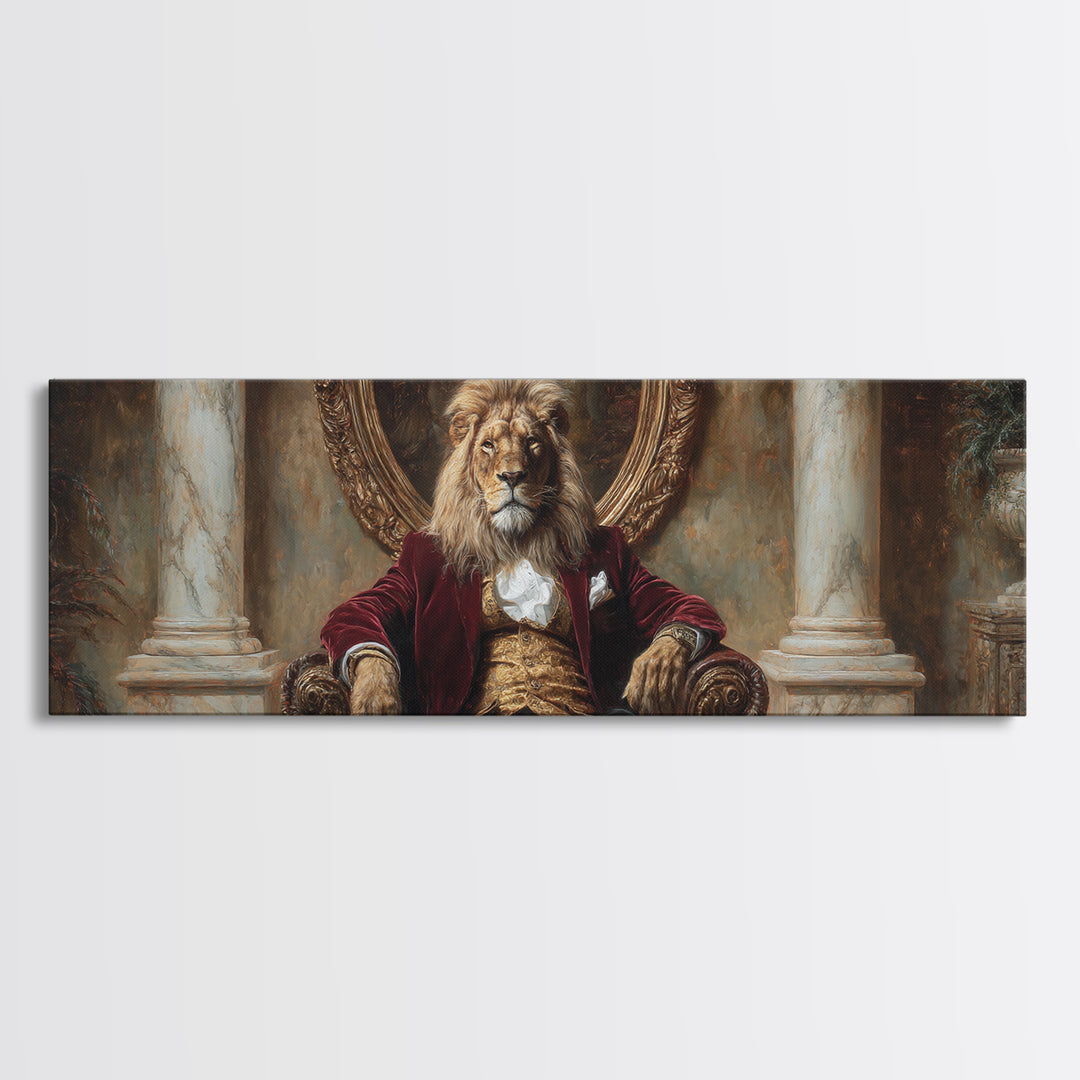 Velvet Throne Lion King Framed Canvas Print, Royal Animal Portrait, Bold Baroque Wall Decor, Luxury Office Art, Gift For Him
