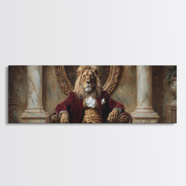 Velvet Throne Lion King Framed Canvas Print, Royal Animal Portrait, Bold Baroque Wall Decor, Luxury Office Art, Gift For Him