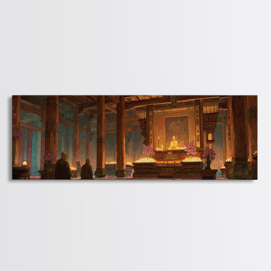 Candlelit Buddhist Temple Meditation Wall Art, Zen Canvas Print For Yoga Room Decor, Spiritual Home Decor And Prayer Room