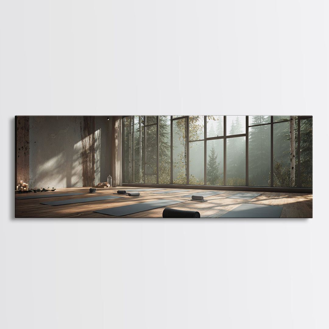 Serene Forest Yoga Studio Wall Art, Panoramic Zen Meditation Canvas Print For Spa Decor, Wellness Room, Calming Home Decor