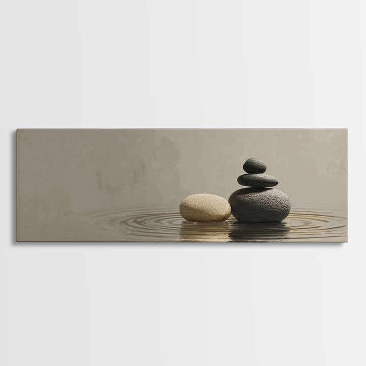 Zen Stacked Stones Framed Canvas Print, Neutral Water Reflection, Minimalist Spa Wall Art, Calm Japandi Meditation Room Home Decor