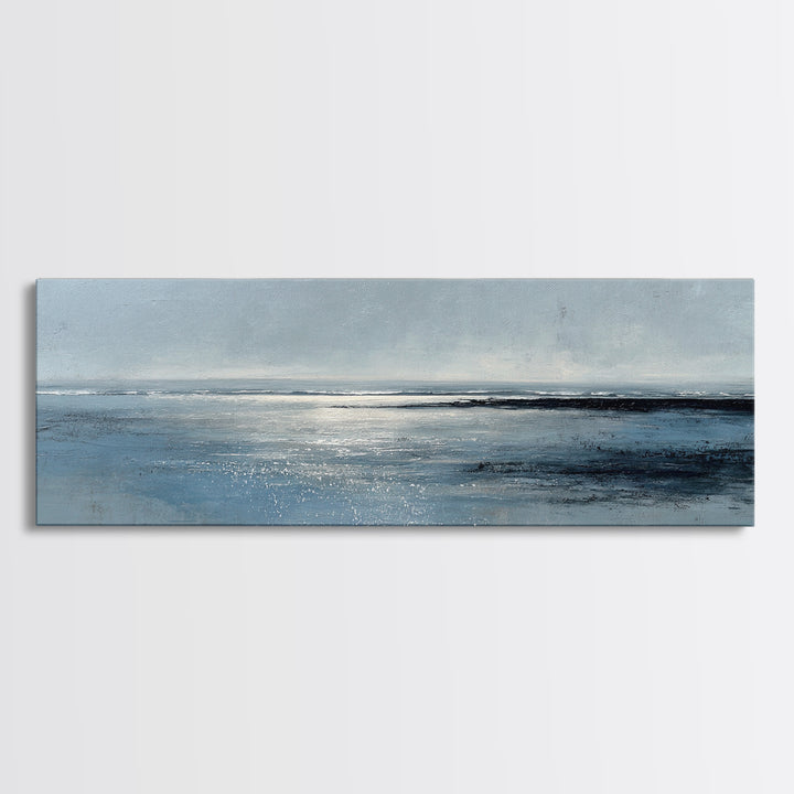 Misty Blue Ocean Horizon Wall Art, Coastal Seascape Canvas Print, Minimalist Beach Decor, Large Horizontal Living Room Art Print
