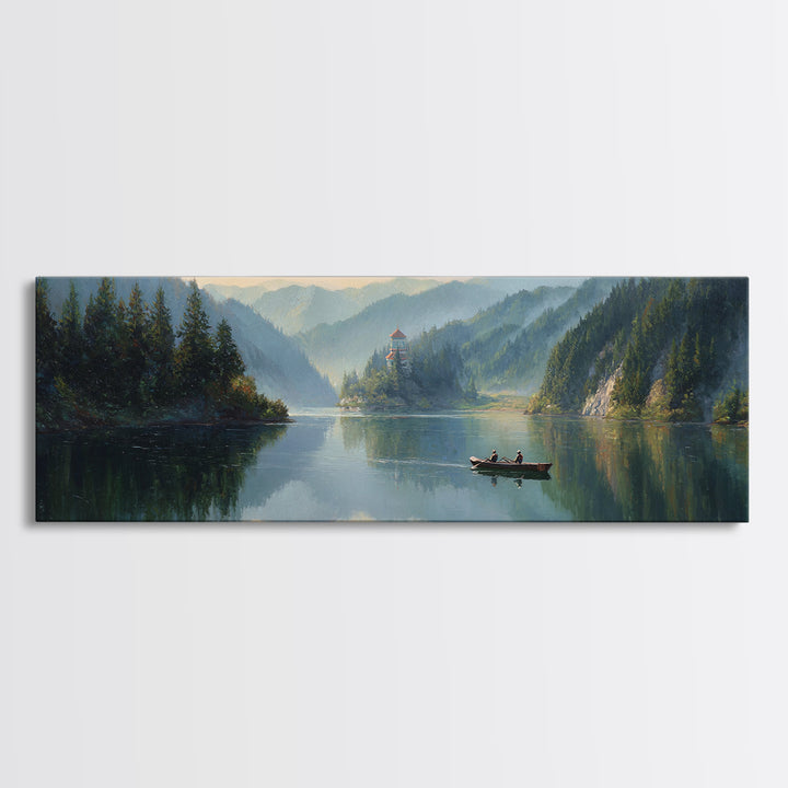 Misty Mountain Lake Boat Wall Art, Serene Landscape Canvas Print, Cabin Decor, Nature Painting, Large Living Room Decor, Housewarming Gift