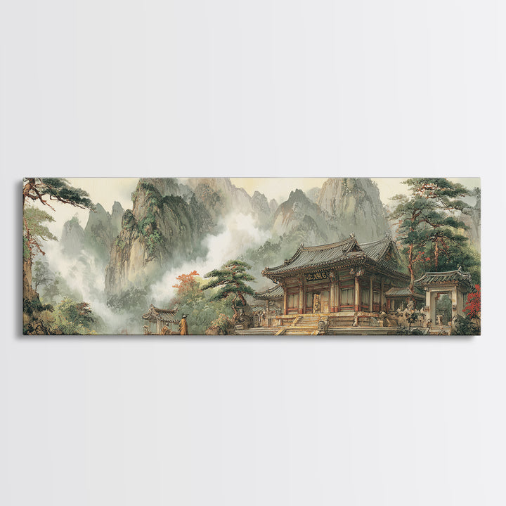 Korean Mountain Temple Wall Art, Asian Landscape Canvas Print, Zen Wall Decor, Traditional Home Art, Fine Art Print, Meditation Room Art