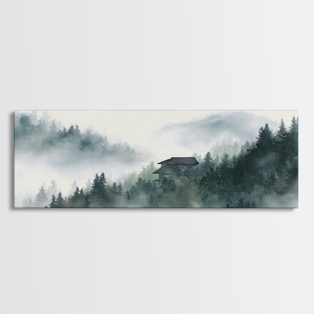 Misty Forest Cabin In Mountain Fog Wall Art, Japandi Landscape Print, Calming Nature Decor, Neutral Home Decor For Living Room