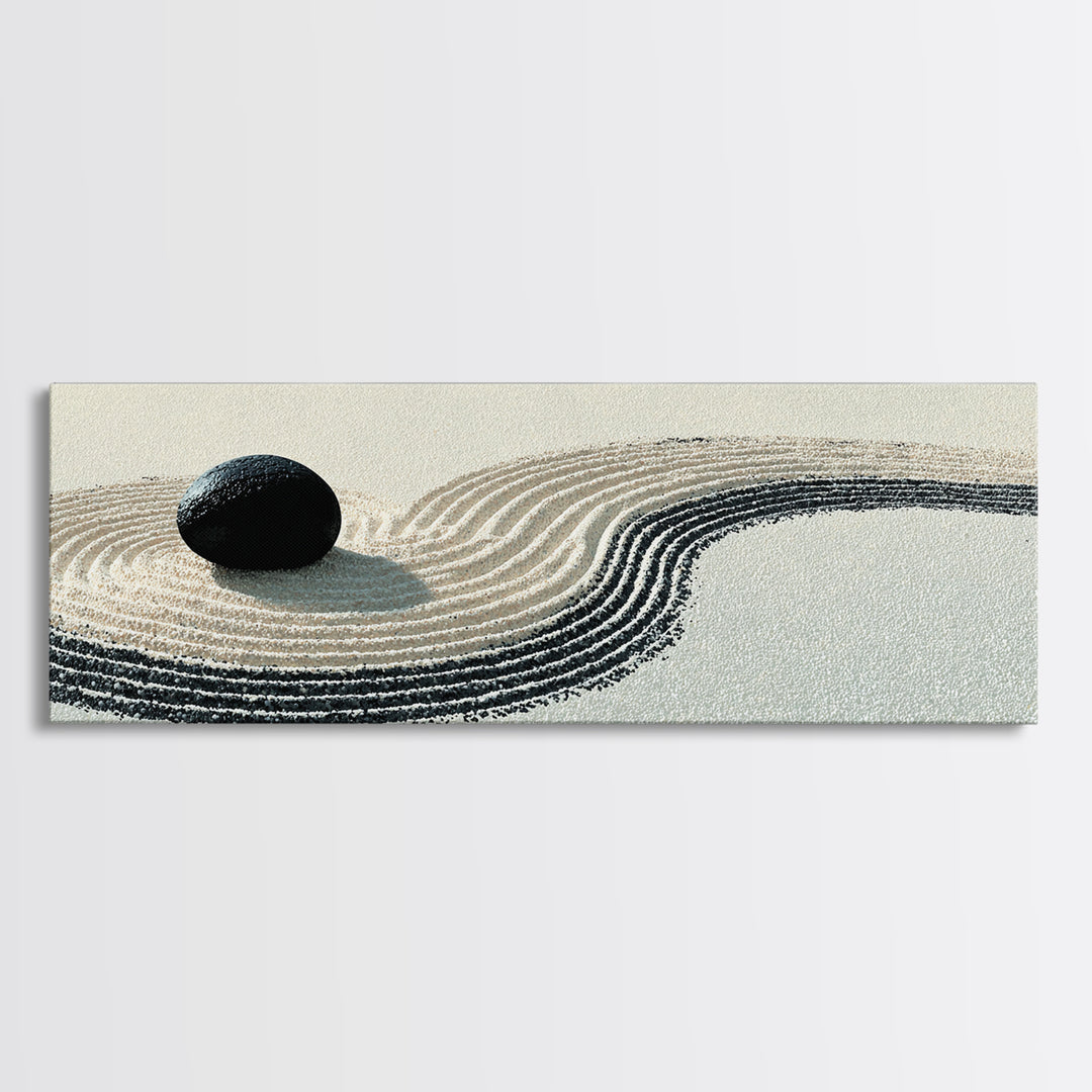 Black Stone Zen Garden Wall Art, Minimalist Sand Ripple Canvas Print, Japandi Spa Decor, Neutral Meditation Room Poster Print