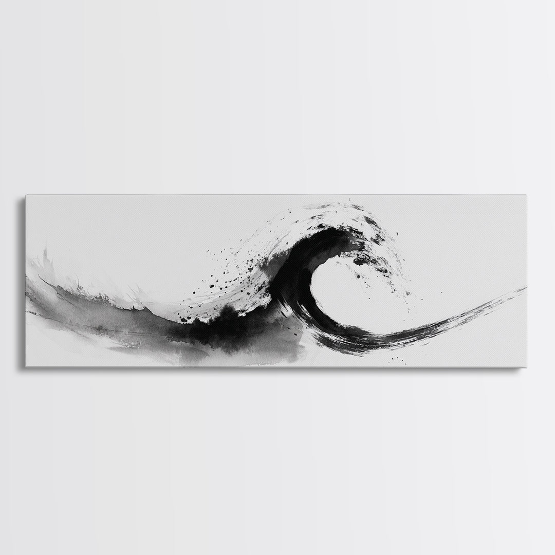 Black Ink Wave Minimalist Seascape Wall Art, Japanese Sumi Ocean Print, Coastal Zen Decor, Modern Black And White Art, Long Horizontal Art